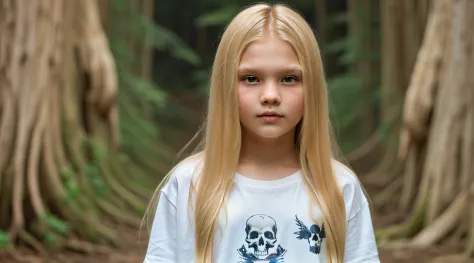 KIDS GIRL CHILD long blonde hair, there are three skulls with a phoenix