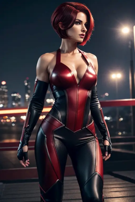 4k highly detailed realistic female superhero dressed in cropped carbon fiber, deep red hair in a short undercut bob hairstyle, ...