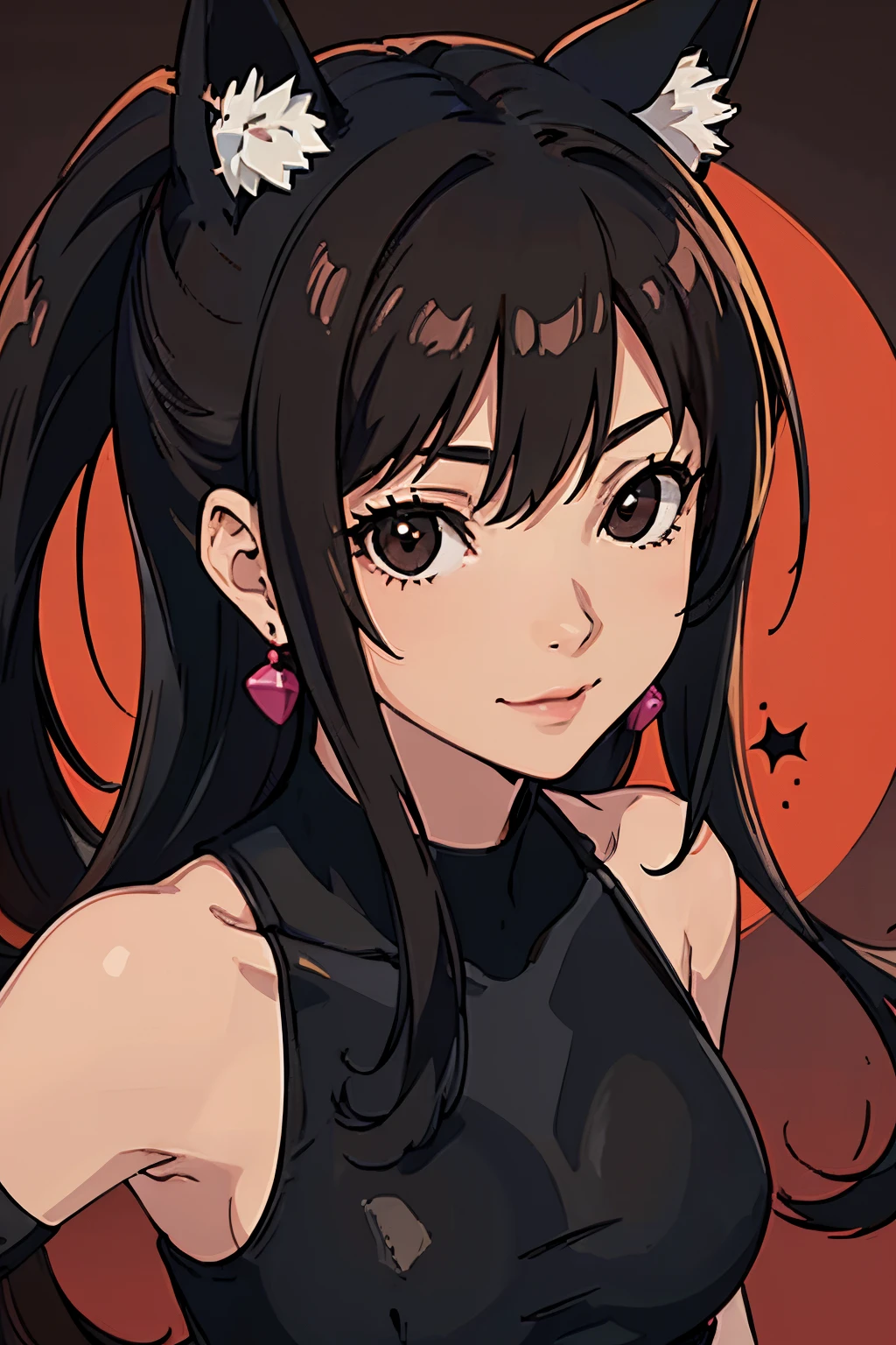 1girl, solo, tifa lockheart, tifa_lockheart \(final fantasy\), tifa_lockheart:1.2, animal ears, earrings, fox ears, hair between eye, (black eyes:1.3), european girl, (SFW:1.3), (small breast:1.4), (face portrait:1.3), tifa , tifa costume, black iris, smile, gamer, red background,  color backgraund, (very black eyes:1.4), tall, slender, instagram model, (brown skin:1.4)