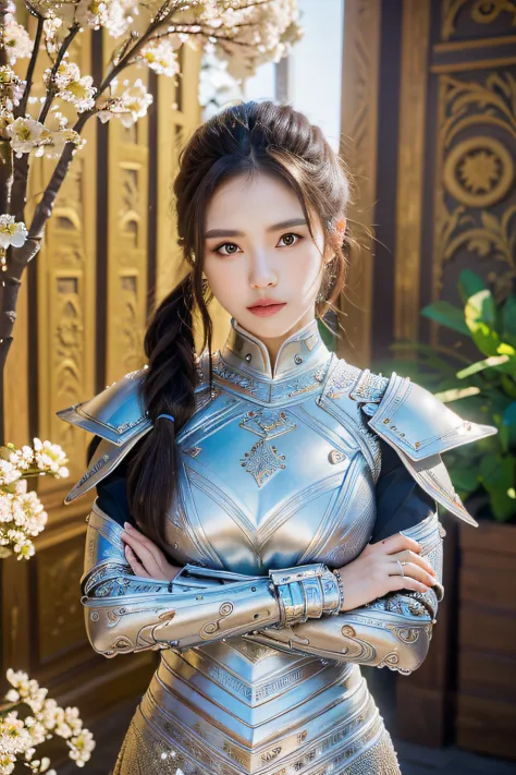 (8K, Best quality:1.2), (tmasterpiece:1.37), (photore, realistically:1.37), (超高分辨率), Half a body, Walking posture, Shooting from front, slow motion, Fully dressed female paladin, (Light silver armor:1.2),(Ornately decorated armor), (The  very detailed, ful...