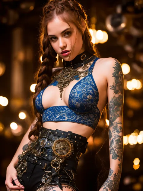 an steampunk girl at a party, (white crop top:1.2), small breast, black and blue leather, tattoo, hyper detailed, ultra sharp, long auburn hair in braids, 8k, (insanely detailed:1.5), full body photograph, 20 megapixel, canon eos r3, detailed skin, pale sk...