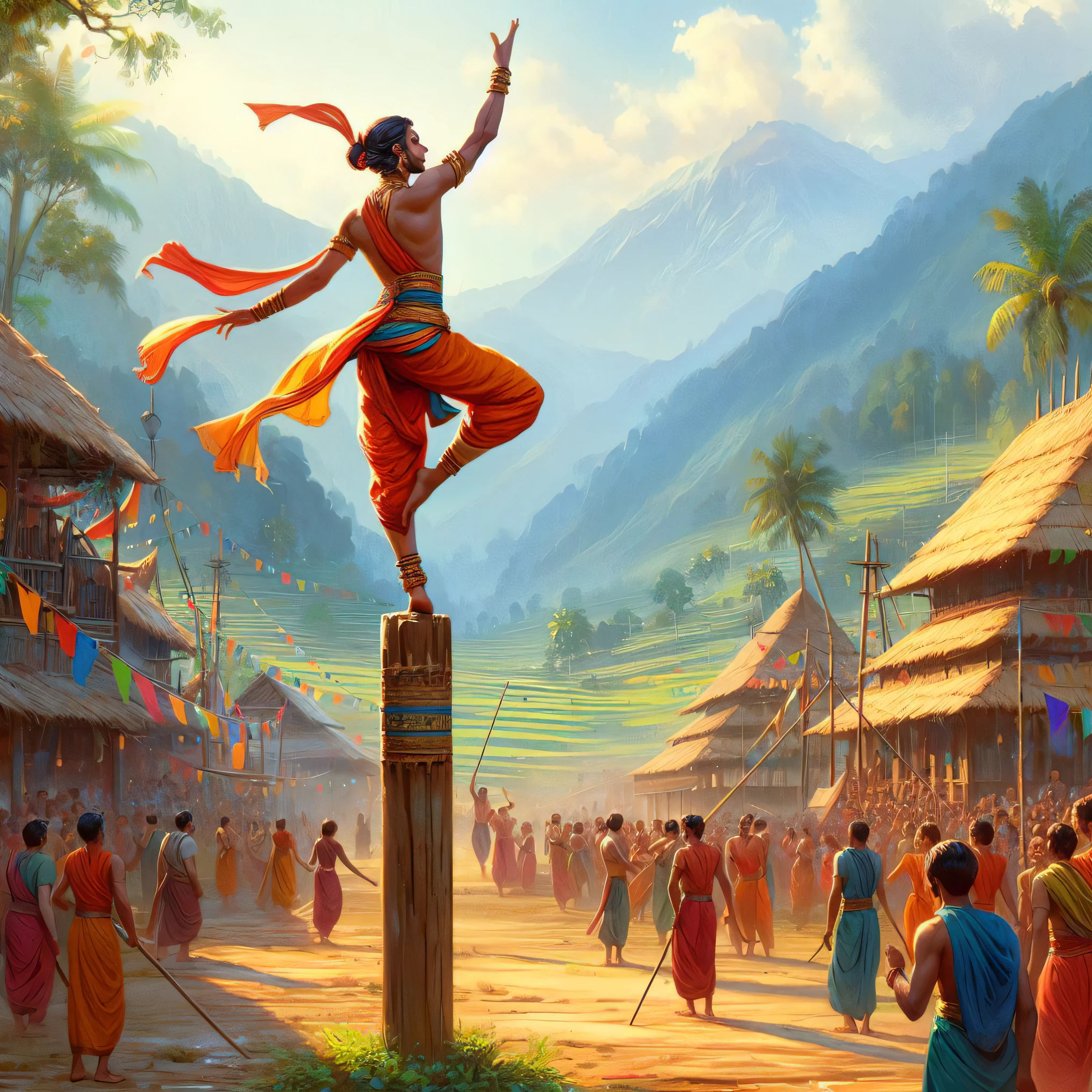 a painting of a man on a pole in a village, rob rey, a beautiful artwork illustration, cgsociety contest winner, 4k fantasy art, symmetrical epic fantasy art, colorful concept art, epic full color illustration, by Daryush Shokof, by Max Dauthendey, 8k fantasy art, from ramayan, cgsociety contest winner!!