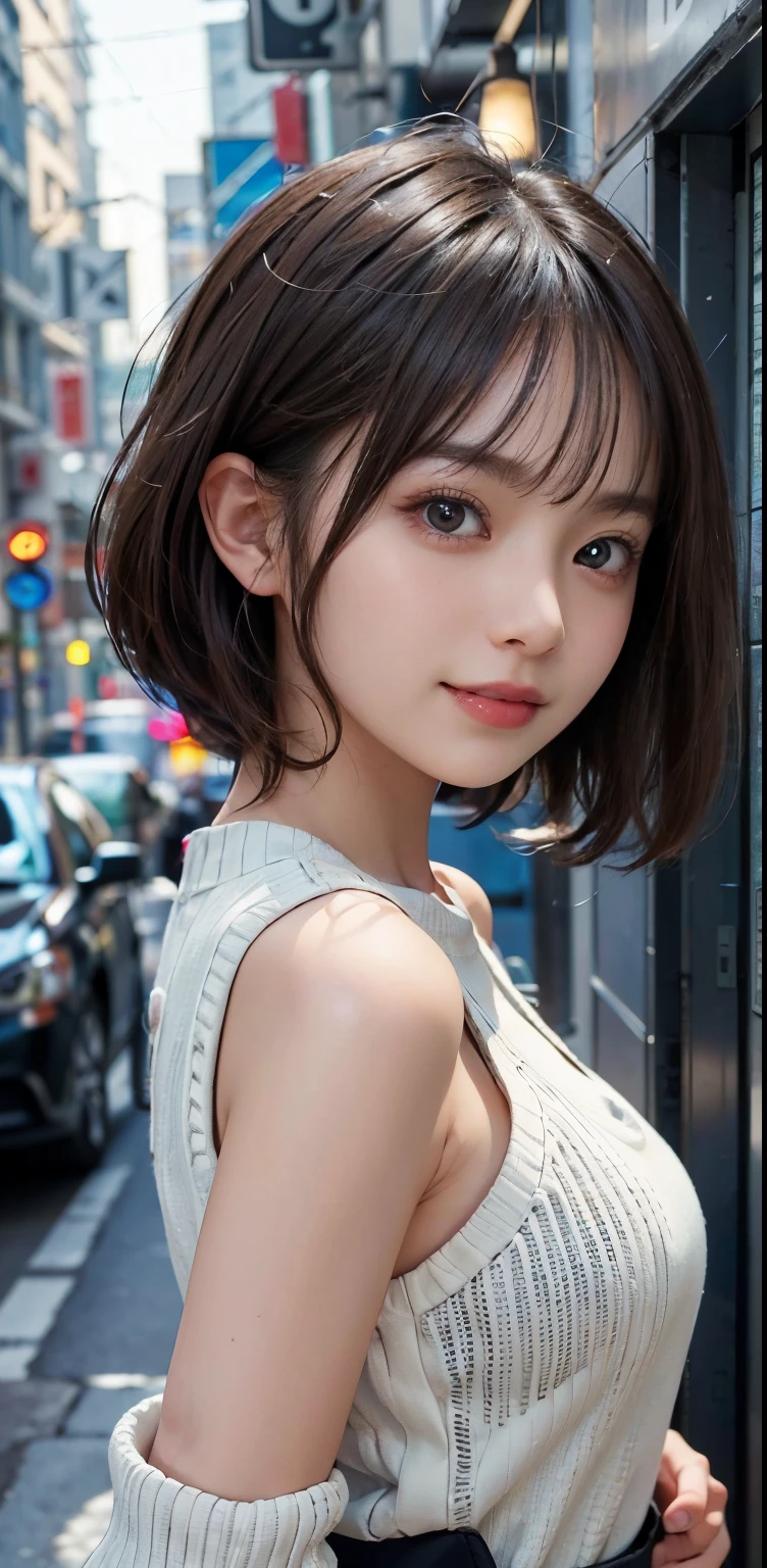 ​masterpiece, 1 Beautiful girl, A detailed eye, Swollen eyes, top-quality, 超A high resolution, (Realistic: 1.4), OriginalPhotographs, 1Girl, Cinematic lighting, a smile, japanes, Asian Beauty, Korea person, clean, ultra beautiful, Beautiful skins, A slender, cyberpunk backgrouns, (A hyper-realistic), (hight resolution), (8K), (ighly detailed), (The best illustrations), (beatiful detailed eyes), (Ultra-detail), (wall-paper), (Detailed face), How viewers look, fine detailed, A detailed face, pureerosfaceace_v1、a smile、46-point diagonal bangs、Facing straight ahead、Neat Clothing、dark colored eyes、sleeveless、Front-facing body、shorth hair、brown haired、A big smile、Knitted long-sleeved sweater