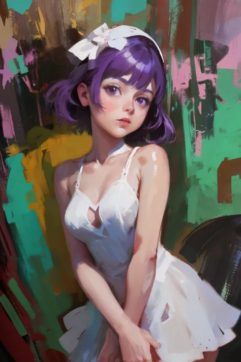 popular vtuber, vtuber, 1girl, teen girl, oil paint, What&#39;s going on in front of me?, One Inarqi, purple hair, maiden dress