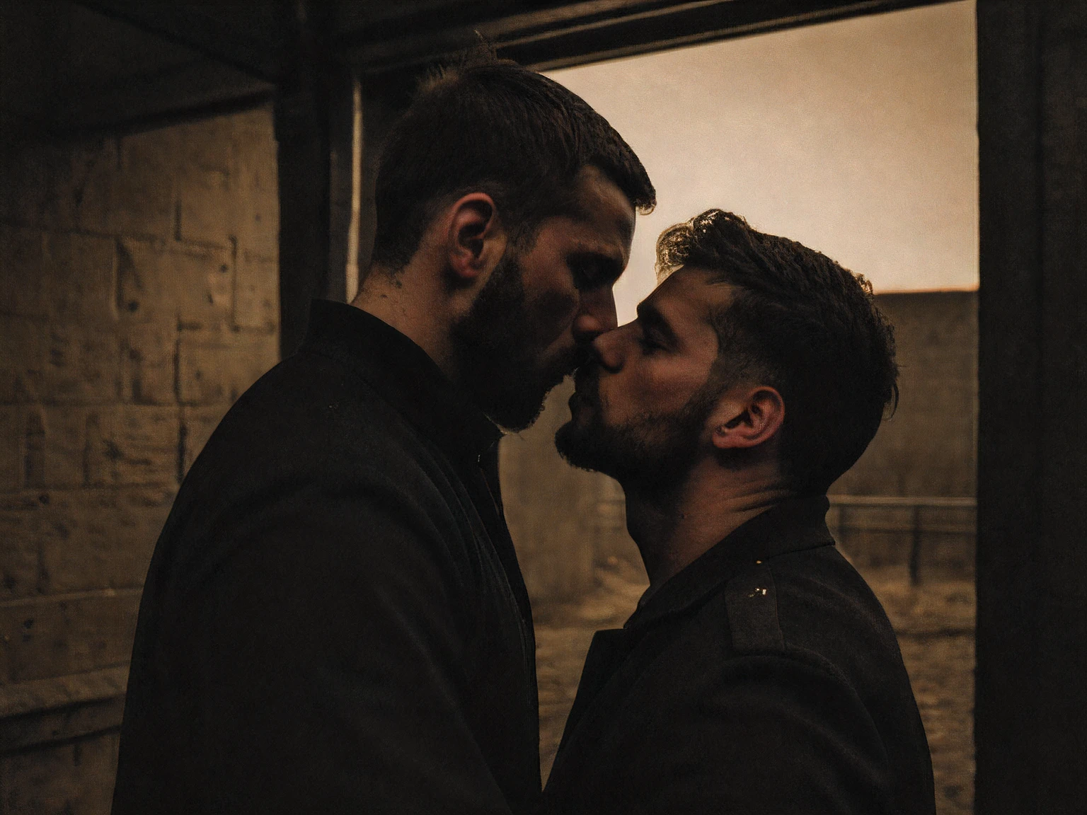 There are two men that are kissing each other in the dark - SeaArt AI