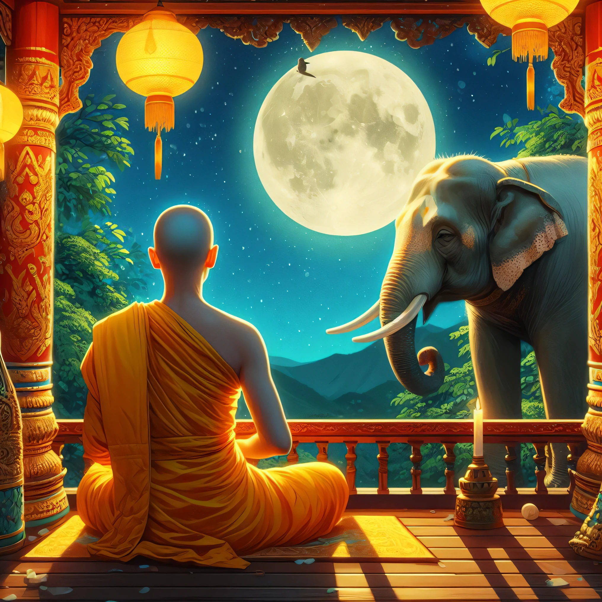 buddha sitting on a porch with an elephant in the background, buddhism, buddhist, monk meditate, samsara, spiritual enlightenment, on path to enlightenment, buddhist monk meditating, hindu stages of meditation, buddhist monk, on the path to enlightenment, nocturnal spiritual scene, monk, wallpaper - 1 0 2 4, serene expression, peaceful ambience, buddha