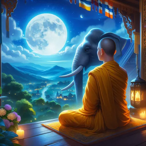 buddha sitting on a mat with an elephant in the background, monk meditate, his mind contemplating eternity, on path to enlighten...