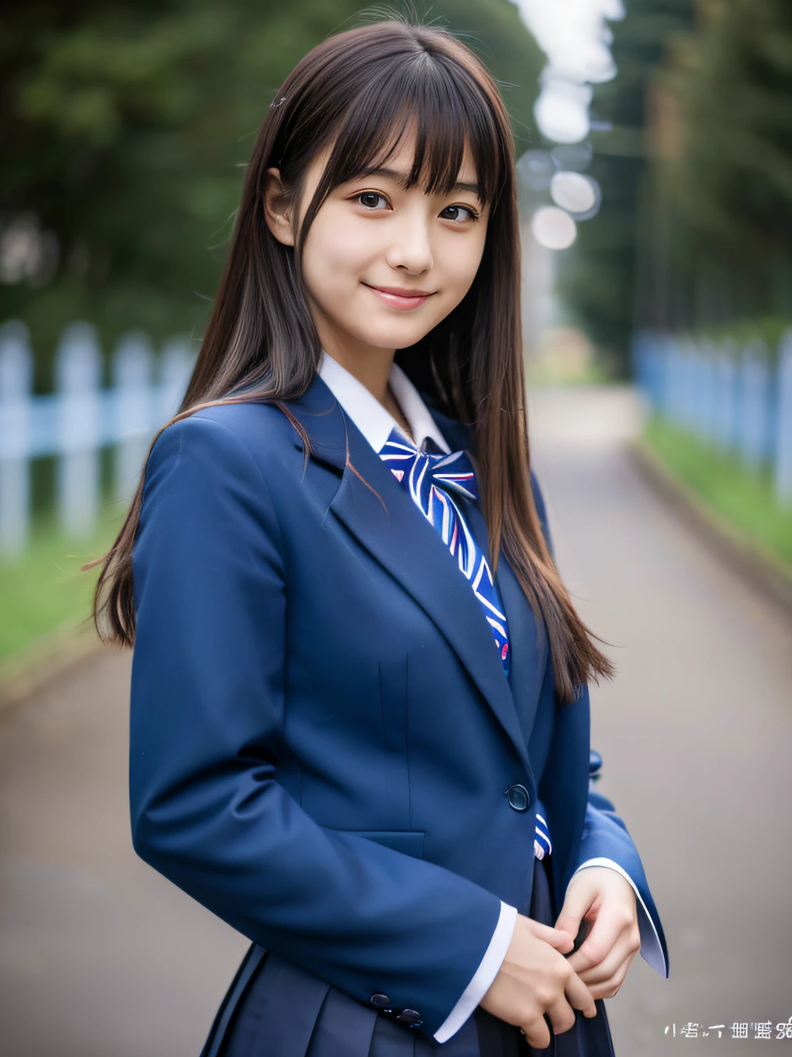 ((Masterpiece)), 8k, highest quality, 1 girl, solo, beautiful face, gentle expression, real, cute, dark blue skirt, dark blue ribbon, dark blue blazer uniform, (Japanese high school girl), Smile, ((turns around and looks at camera)), long hair, normal chest, full body shot,