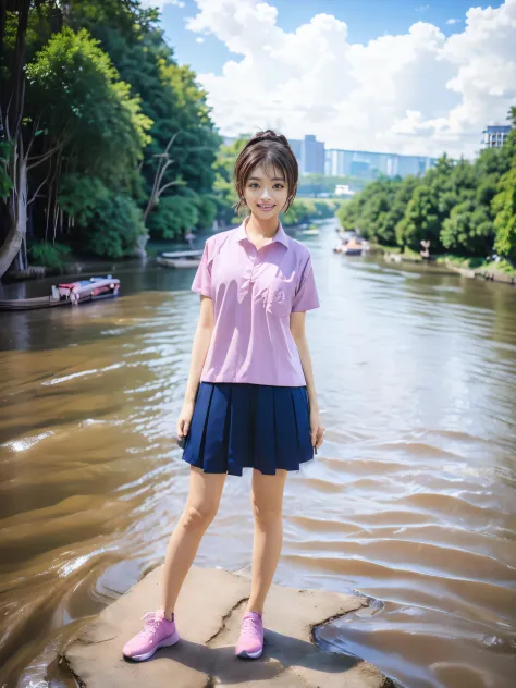((1 Cute medium haired girl full body pose in river:1.5)),Her hand lifted up skirt:1.5,(wide shot:1.3),field of view,18yo, shiny skin, Perfect body, Correct body, ((Correct anatomy:1.37)) ,full body, wearing ((pink shirt:1.1)),short sleeves, shirt hem,(nav...