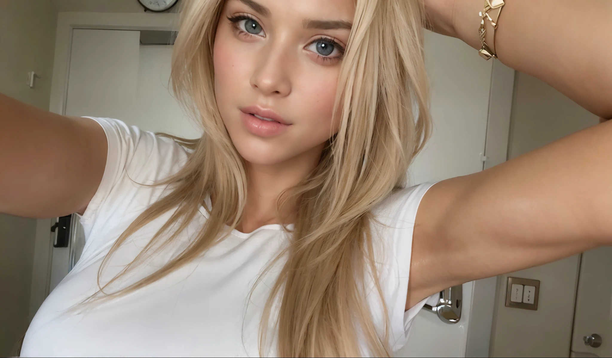 Blonde woman with long hair and blue eyes posing for a selfie - SeaArt AI