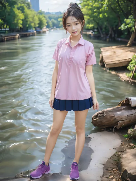 ((1 Cute medium haired girl full body pose in river:1.5)),Her hand lifted up skirt:1.5,(wide shot:1.3),field of view,18yo, shiny skin, Perfect body, Correct body, ((Correct anatomy:1.37)) ,full body, wearing ((pink shirt:1.1)),short sleeves, shirt hem,(dar...