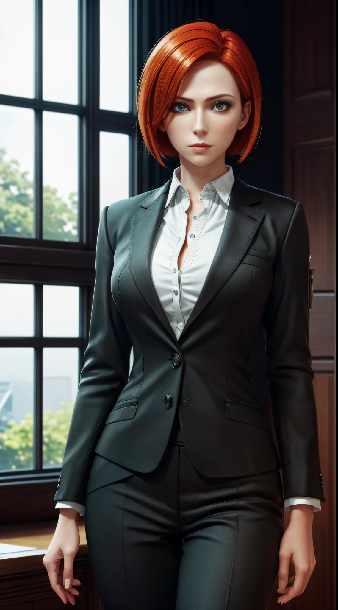 LelianaDA, masterpiece, highest quality, RAW, analog style, a stunning photo of a (beautiful woman), (short red hair), (wearing a professional black business suit), (standing in the office), ((highly detailed skin, skin details)), ((highly detailed face and eyes)), sharp focus, 8k UHD, DSLR, high quality, film grain, Fujifilm XT3, frowning, intricately detailed, highly detailed, cluttered and detailed background