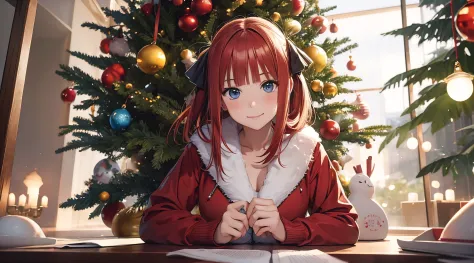 Nino Nakano sonriendo,orejas largas,sexy,Christmas Dress,bosque nevado,arbol de navidad