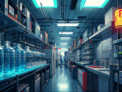 A pixel art of cyberpunk on a laboratory room, metroidvidia, room, dark laboratory, (ultra detailed), (masterpiece), intricate, ...