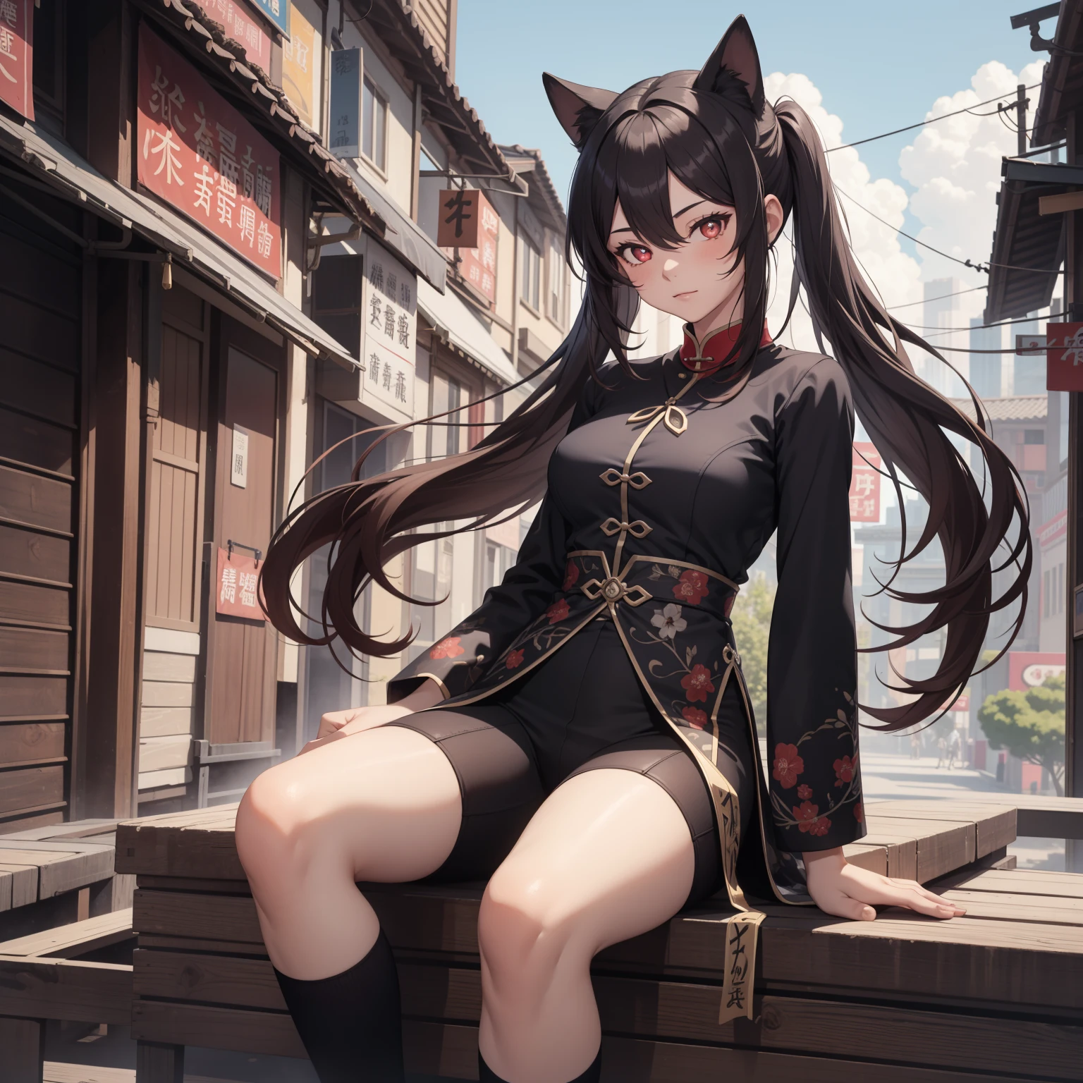 hutao_genshin, black shortlower, very long hair, long hair, twintails, brown hair, shoes, red eyes, black footwear, ((cowboy shot)), hair between eyes, sidelocks, symbol-shaped pupils, solo, short shorts, shorts, chinese clothes, :P , socks, kneehighs, white socks, double v, long sleeves, 1girl, blush, looking at viewer, chinese town, town, sky, clouds, night, houses, city, (thighs), (()), ((street)), (white socks), (chinese city background, reliastic background, chinese background), big breasts, sitting