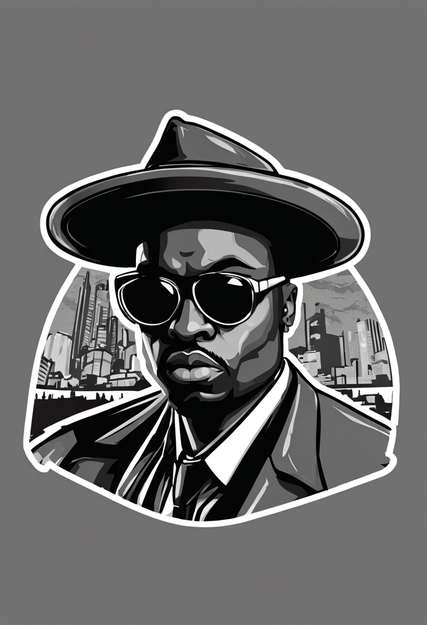 pacth style art sticker for cap print with gangster rap theme, image centered 1 centimeter from the edges, medium gray color background