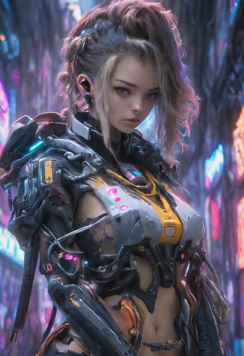 ((extremely delicate and beautiful cybernetic girl)), ((mechanical limb, mechanical vertebrae)), ((mechanical cervical attaching to neck)), (wires and cables attaching to neck:1.2), ((mass of wires and cables on head)), ((wearing colorful Harajuku tech jacket with logos)), (character focuacing camera pose)), ((cowboy shot)), (masterpiece), (((best quality))), ((ultra-detailed)), (highly detailed photorealistic CG illustration), cinematic lighting, science fiction, extremely detailed,colorful,highest detail, (((cyberpunk city background, (Blade Runner), Harajuku district)))