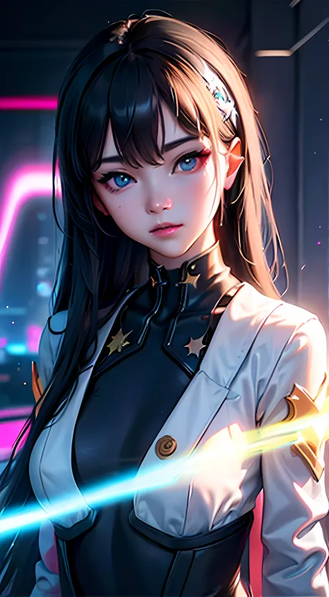 danheng honkai star rail, face, beautiful detailed eyes, detailed lips, futuristic landscape in neon colors, holographic project...