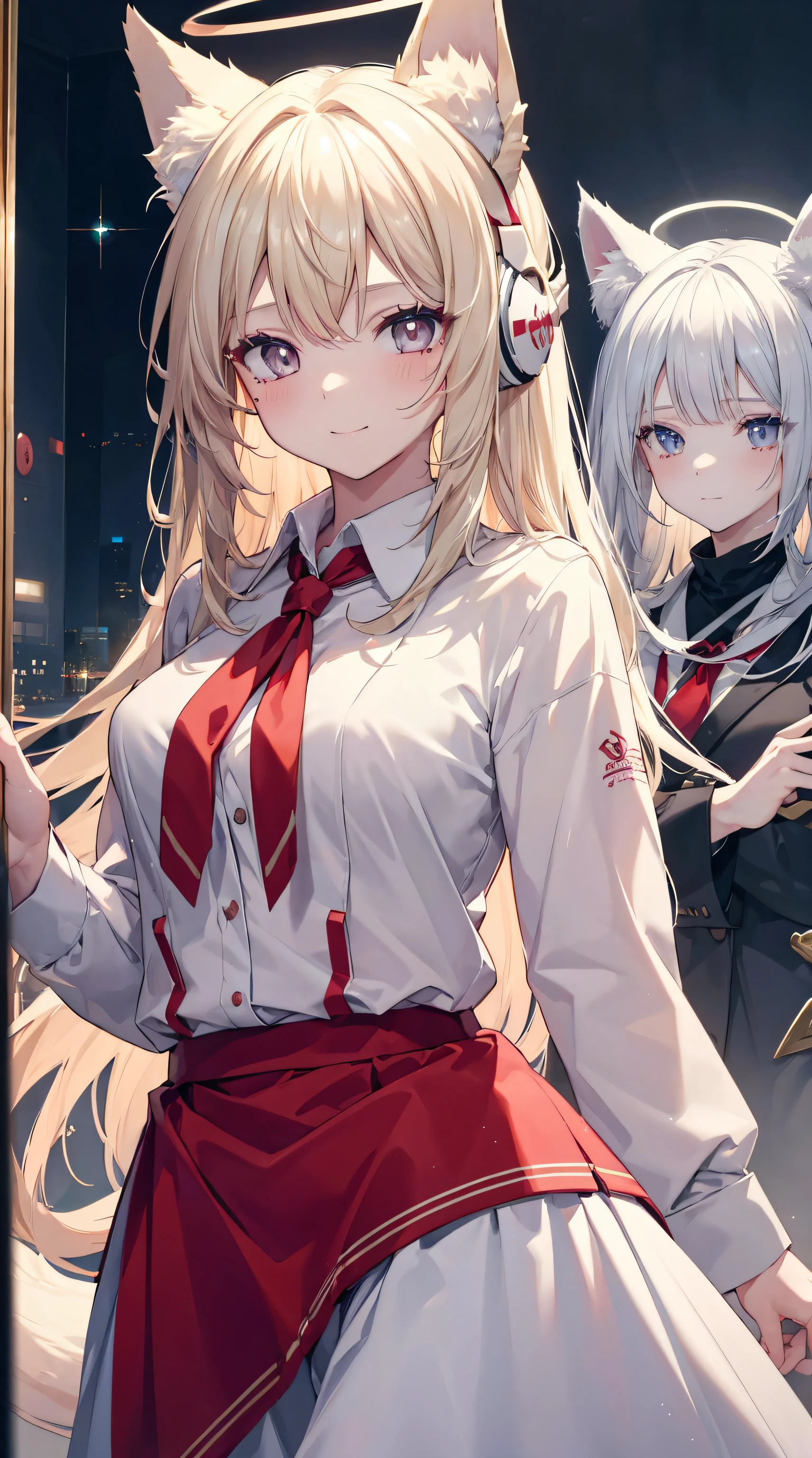 3filles, cheveux longs bas, Yeux de dragon ignites, oreilles de renard, cheveux blonds ou blancs, halo, casque, taupe sous les yeux, yeux creux, sourire, Embarrassed, sourire nerveux, Anime, Flou de mouvement, scintiller, reflection light, grain du film, first-person view, Masterpiece, UHD, anatomiquement correct, textured skin, super detail, High Details, High quality, award winning, Best quality, high resolucion, 16k