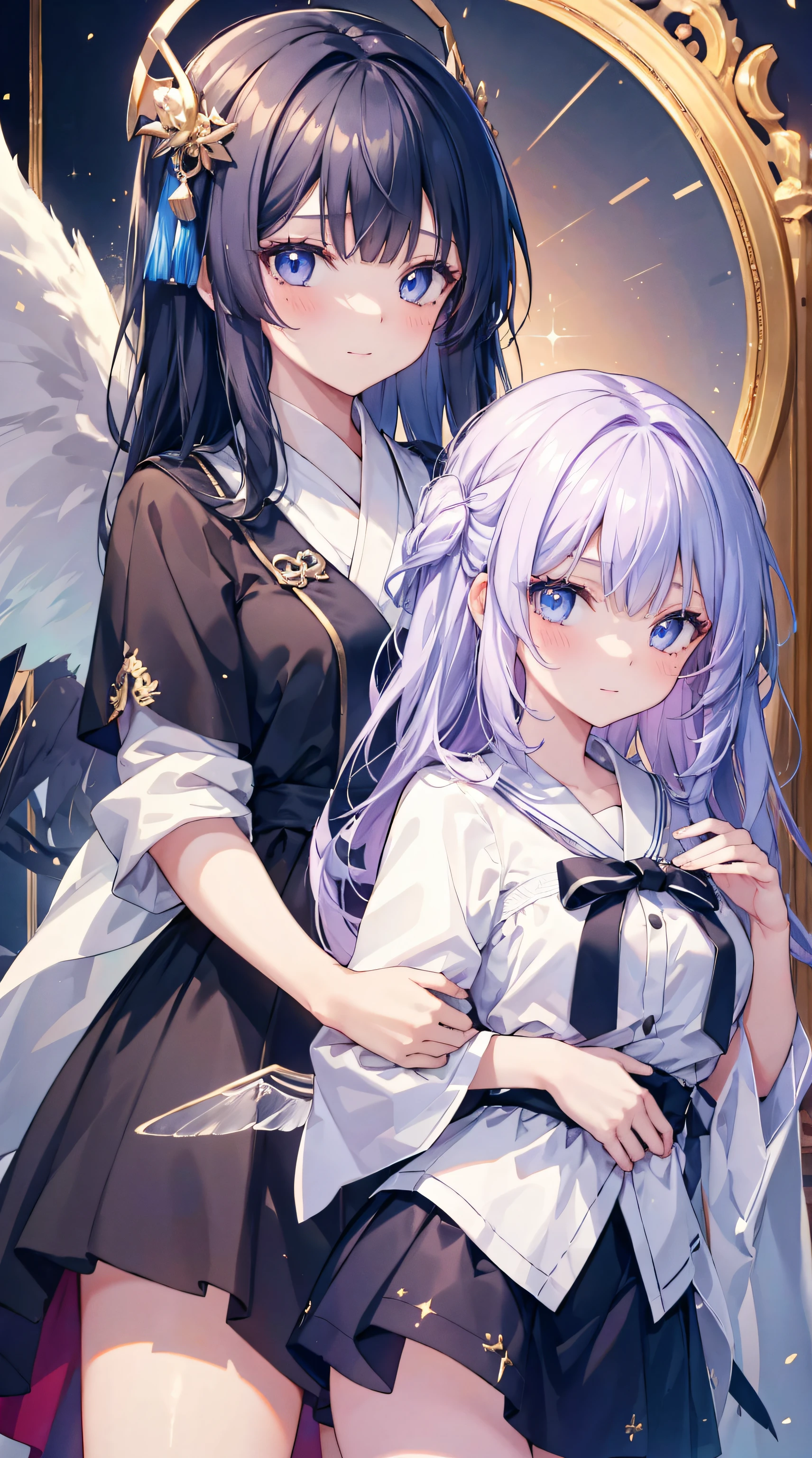 Dos chicas anime con alas de ángel y un espejo - SeaArt AI