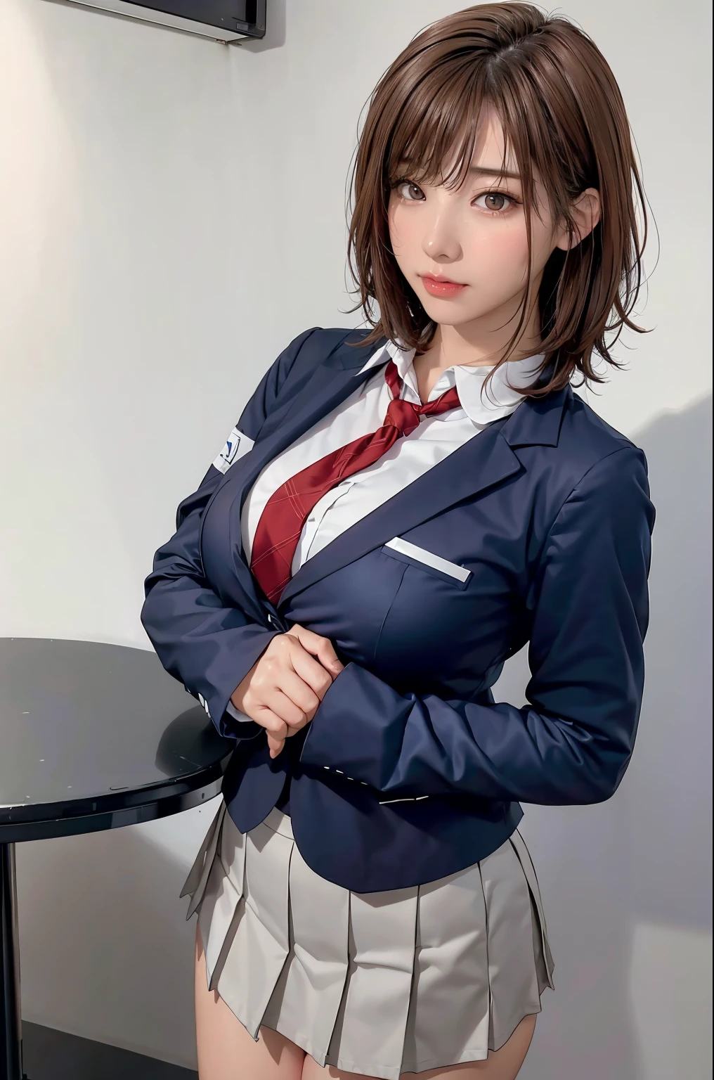 A Korean girl walks in school, schools, a white wall, A gray table, Raised sexy))), ((Best quality at best)), ((intricately details)), ((Hyper-realistic)), Ridiculous resources, Moro Liberation Front, Mature woman, opinion, The  very detailed, illustratio, 1个Giant Breast Girl, (())，，, Perfect hands, detailed finger, Beautiful and delicate lewd eyes, long whitr hair, Brown eyes, Name label, CEO, (Korean school uniform:1.2), School blazer, School shirts, a skirt, school principal tie, 耳Nipple Ring, detailedbackground, Bedrooms, perfect  eyes, lewd eyes, looking at viewert, Look from the front