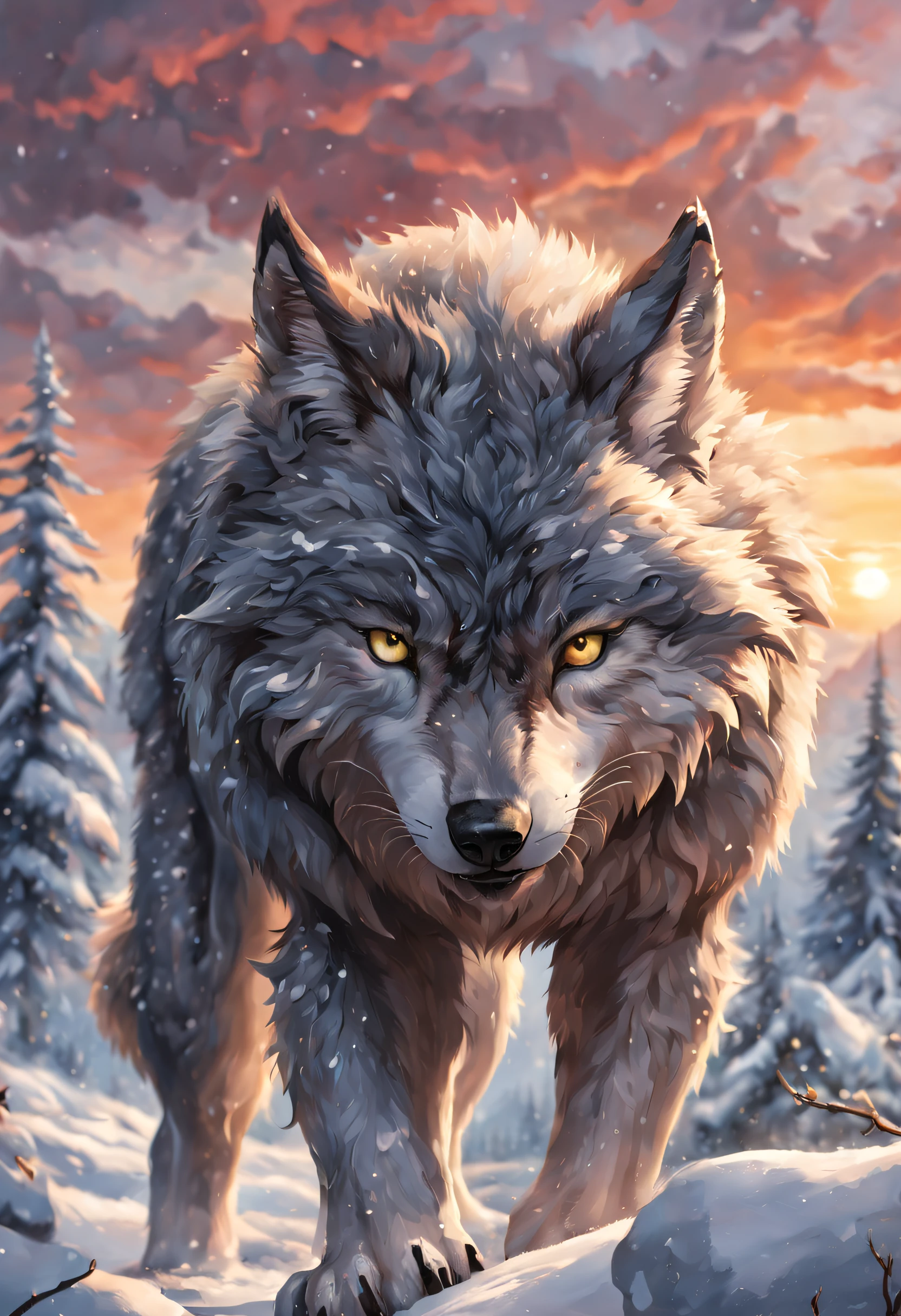 dans une neige, paysage magnifique et détaillé un homme-loup réaliste avec des griffes aiguisées et texturées déchire les nuages qui l&#39;empêchent de voir un magnifique coucher de soleil