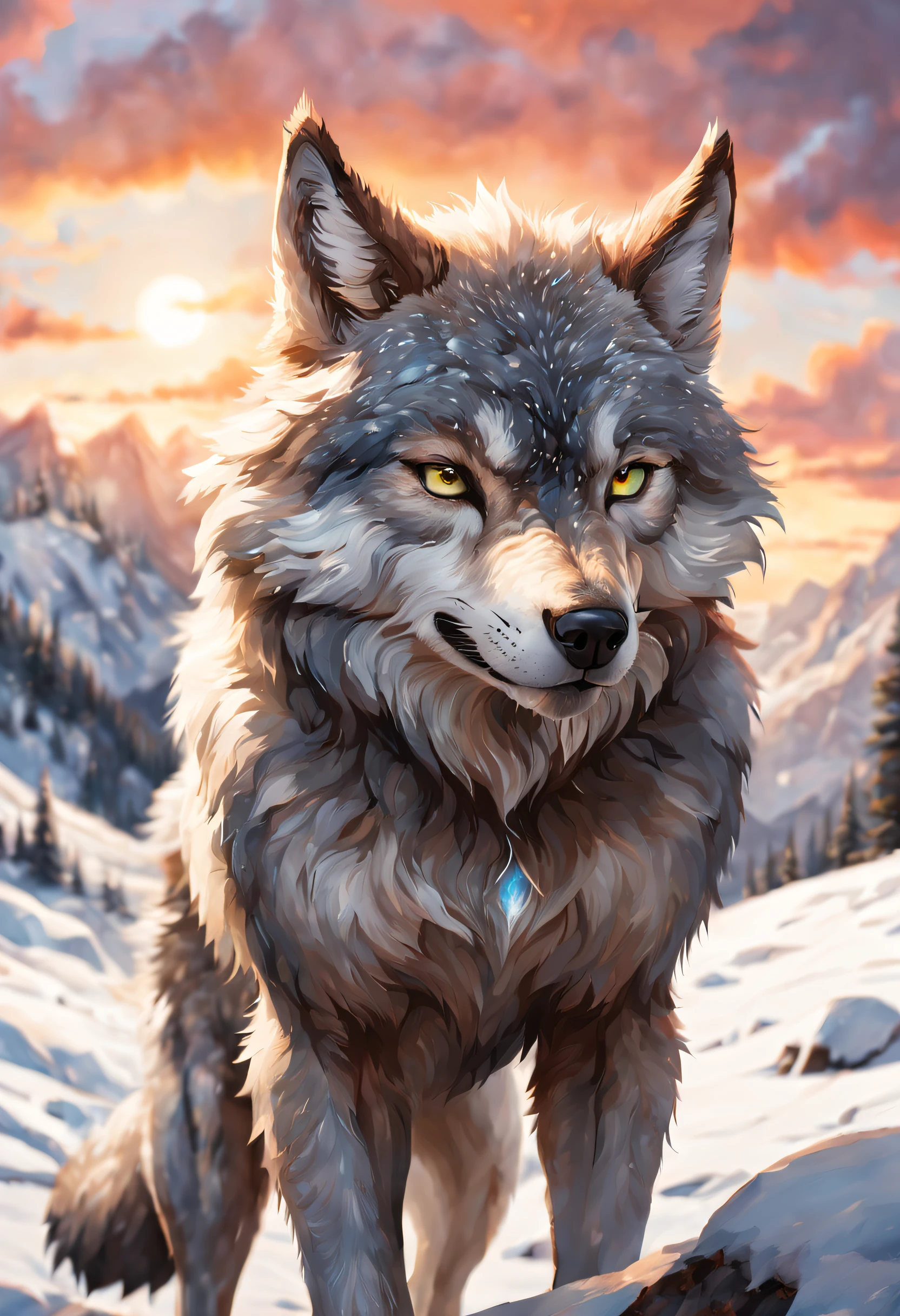 in a snowy, beautiful and detailed landscape a  realistic wolf man with sharpened and textured claws tears through the clouds that prevent him from seeing a magnificent sunset