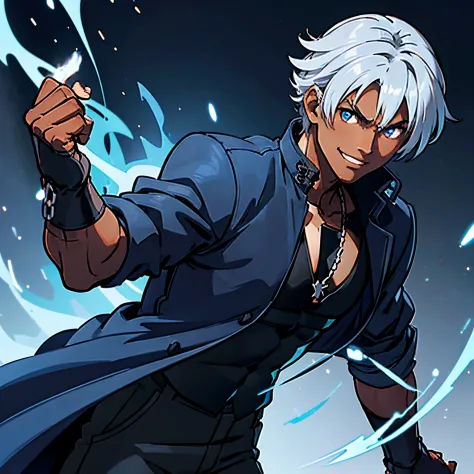 A Dark skinned young anime man, side swept silver hair, fiery light blue eyes, producing blue fire out of his fist, wearing a blue combat trench coat over a black tank top with black slacks and a chain on the hip, steel necklace with a blue dragon pendant ...