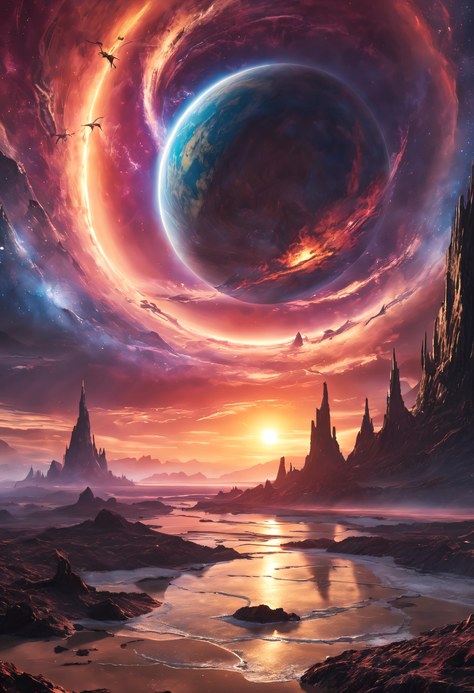 a magnificent sunset on a strange and mysterious alien planete. It's very textured and detailed with dreaming lot of whirlwind multicolored and dreaming dust