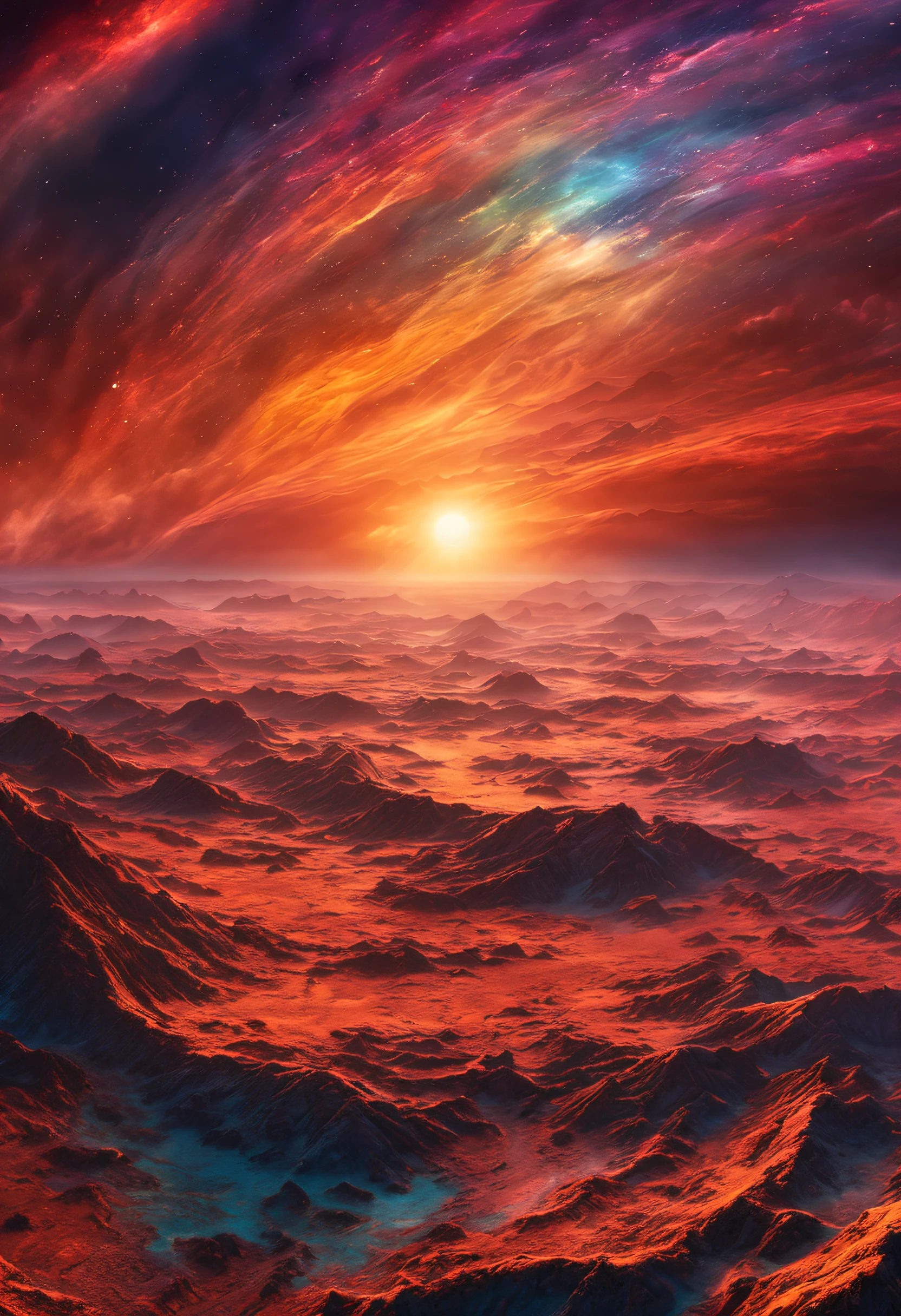 a magnificent sunset on a strange and mysterious alien planete. It's very textured and detailed with dreaming lot of whirlwind multicolored and dreaming dust