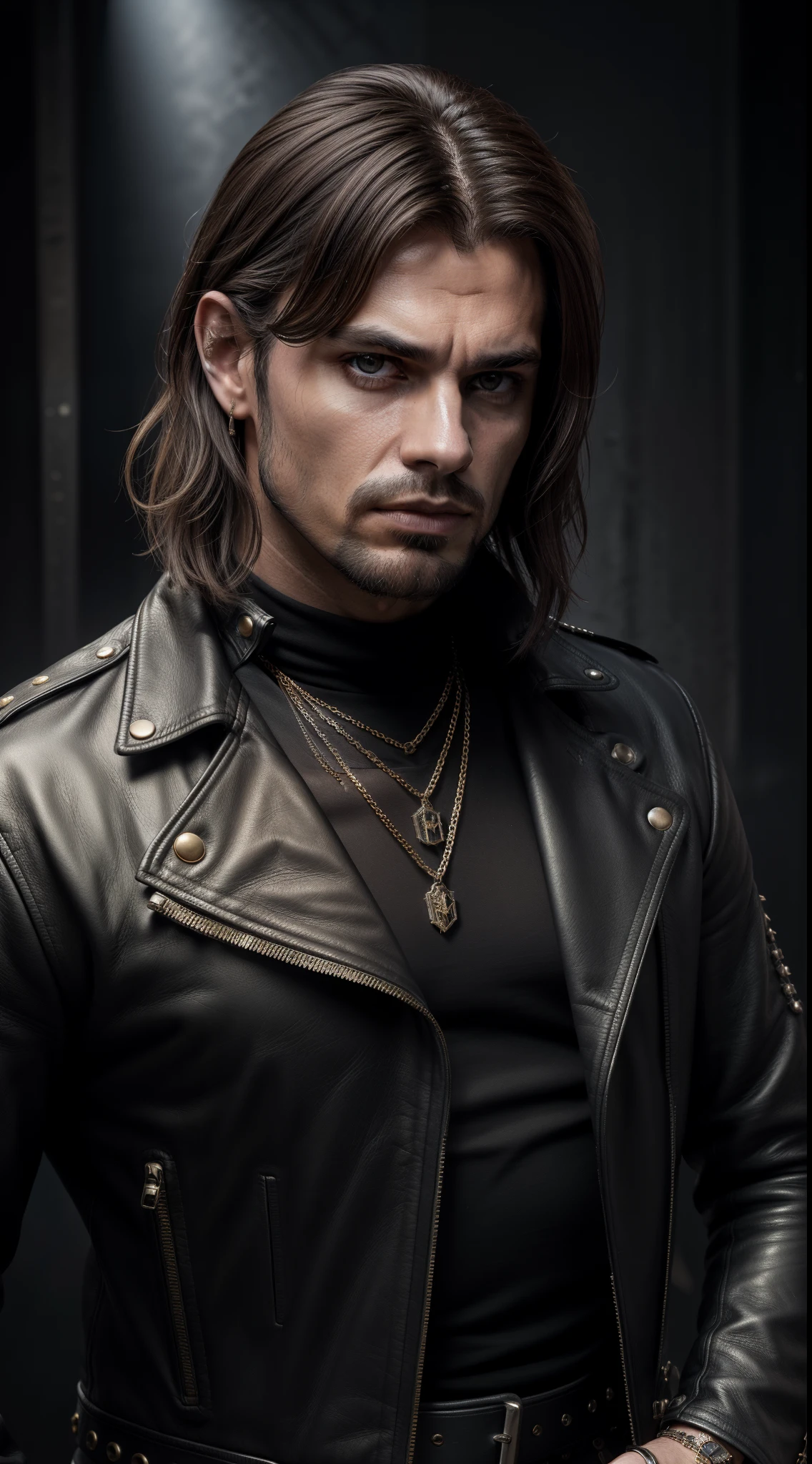 (best quality,4k,8k,highres,masterpiece:1.2),ultra-detailed,(realistic,photorealistic,photo-realistic:1.37),portrait,man with muscular build,metal guy,posing,leather jacket,detailed facial features,dark hair,smoky background,intense gaze,cool attitude,stubble beard,fierce expression,angle from below,studio lighting,vivid colors,shiny metallic texture,edgy fashion style,rock star,grunge background,emotionally charged,confident posture,attractive,character in action,high contrast,steampunk aesthetic,dark and moody,eye-catching,sharp focus,edgy haircut,unique accessories,biker boots,chain details,heavy metal influence,electric guitar,energetic atmosphere,mysterious vibe,rock music inspiration