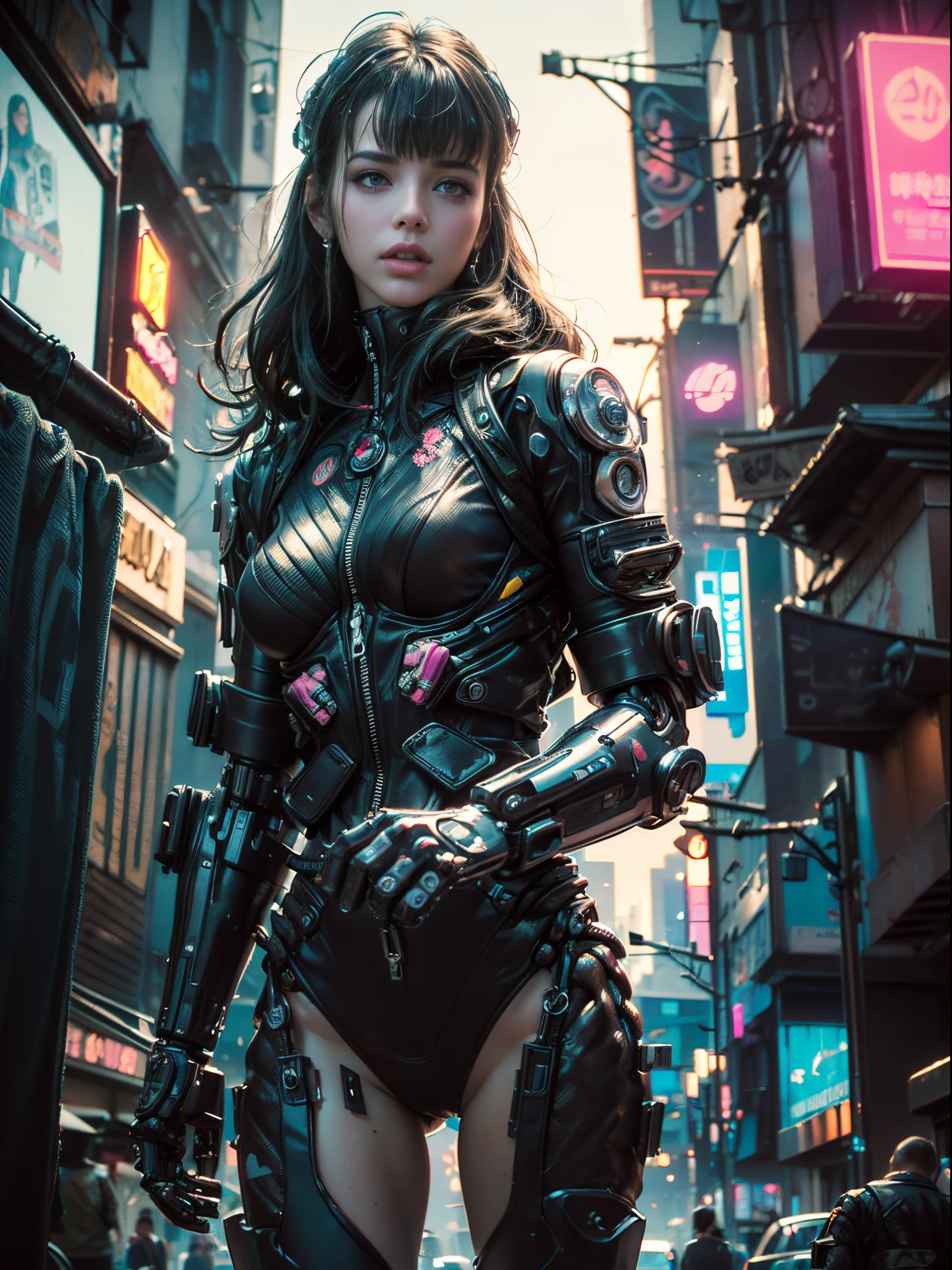 ((extremely delicate and beautiful cybernetic girl)), ((highly detailed face)), ((mechanical limb, mechanical vertebrae)), ((mechanical cervical attaching to neck)), (wires and cables attaching to neck:1.2), ((mass of wires and cables on head)), ((wearing colorful Harajuku tech jacket with logo)), (facing camera pose), ((cowboy shot)), (masterpiece), (((best quality))), ((ultra-detailed)), (highly detailed photorealistic CG illustration), cinematic lighting, science fiction, extremely detailed,colorful,highest detail, (((cyberpunk city background, (Blade Runner), Harajuku district)))