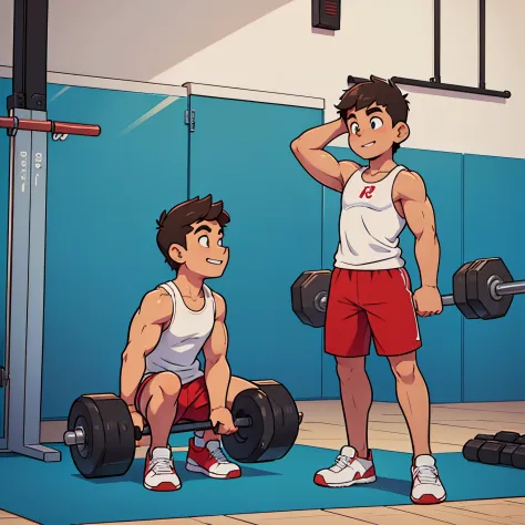 can you make a gym muscular man with a nice smile. wearing red shorts and a white tank top. also have him lifting dumbbells