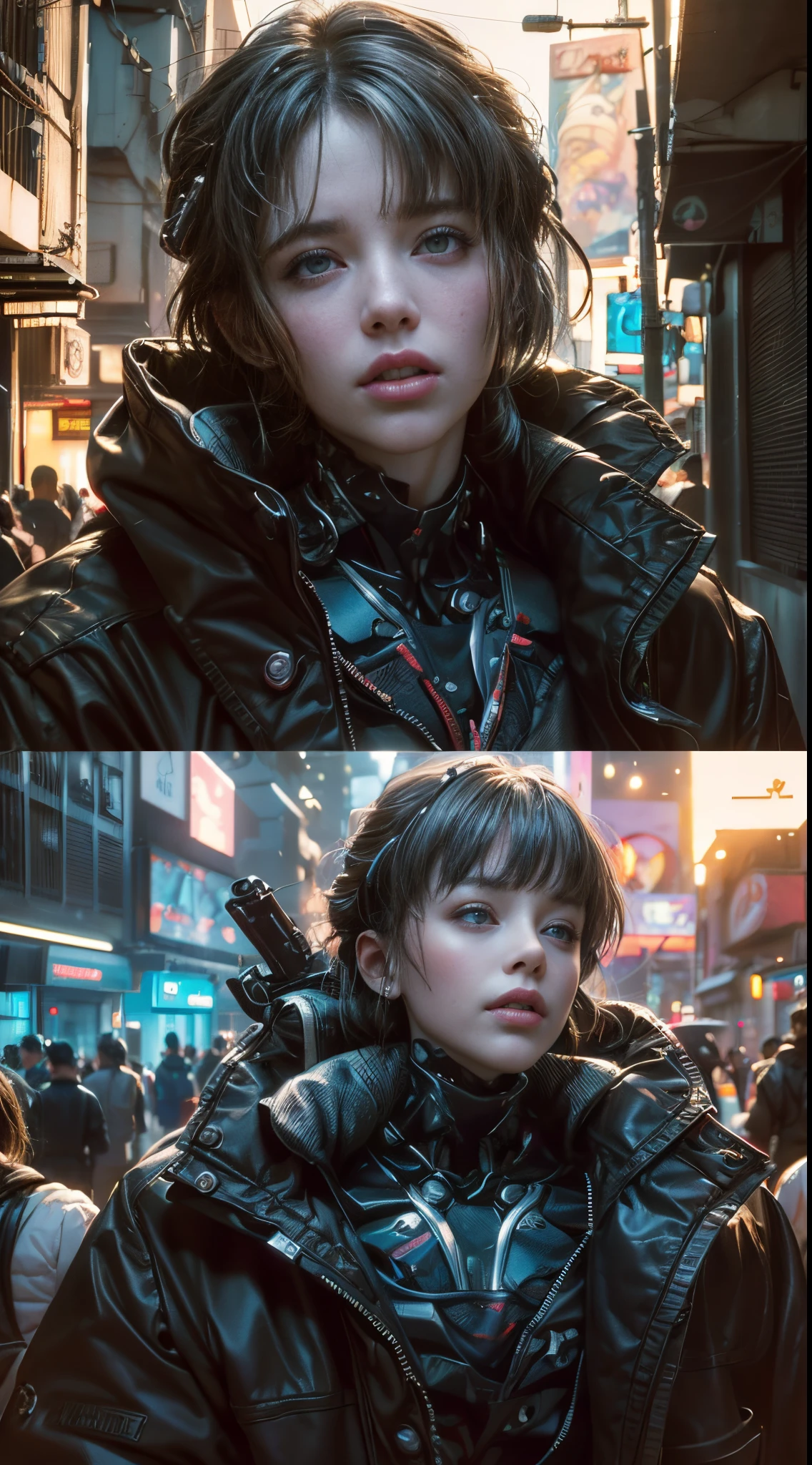 ((extremely delicate and beautiful cybernetic girl)), ((highly detailed face)), ((mechanical limb, mechanical vertebrae)), ((mechanical cervical attaching to neck)), (wires and cables attaching to neck:1.2), ((mass of wires and cables on head)), ((wearing colorful Harajuku tech jacket with logo)), (facing camera pose), ((cowboy shot)), (masterpiece), (((best quality))), ((ultra-detailed)), (highly detailed photorealistic CG illustration), cinematic lighting, science fiction, extremely detailed,colorful,highest detail, (((cyberpunk city background, (Blade Runner), Harajuku district)))