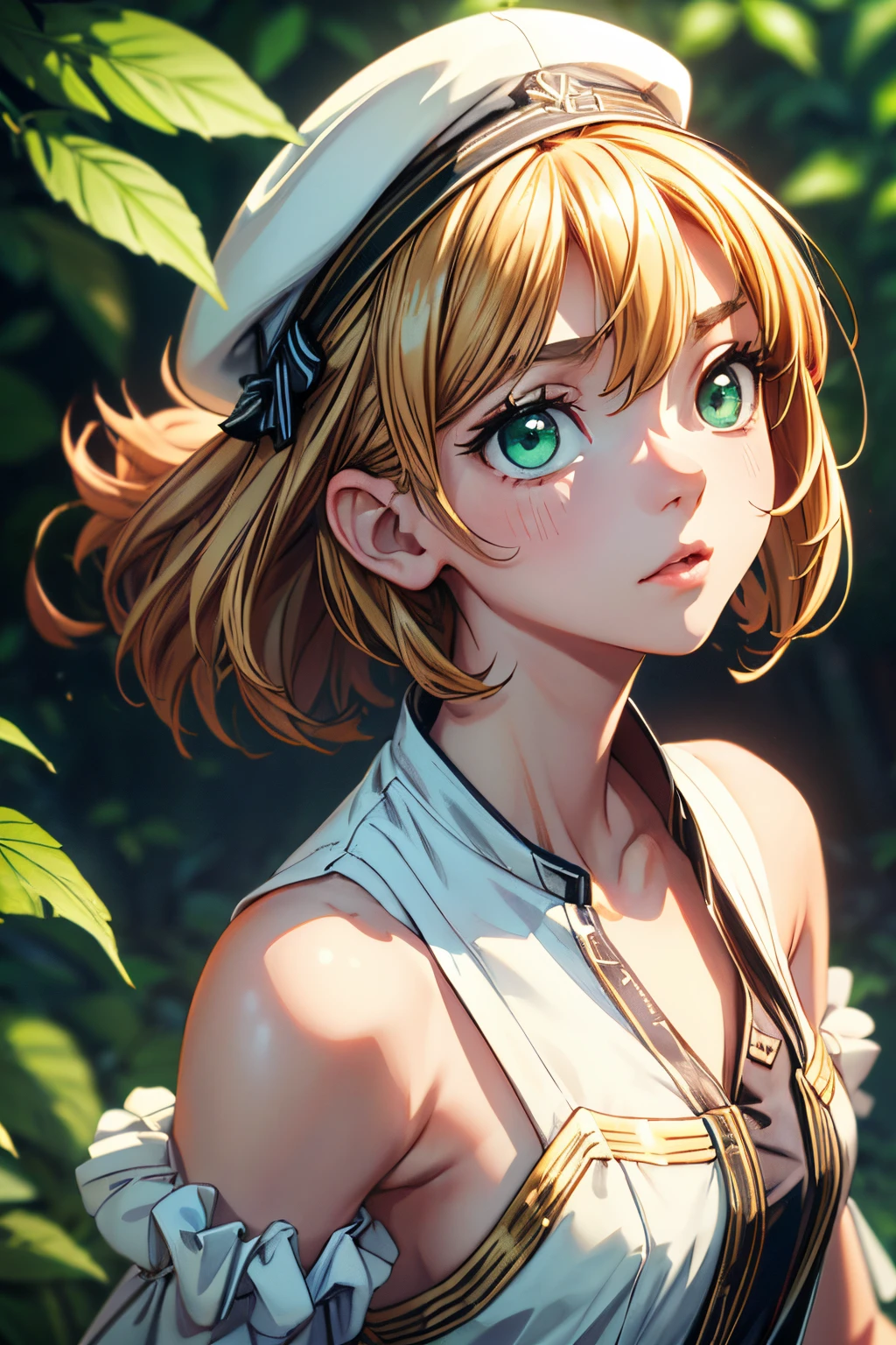 (One girl、Dressed in a dress and hat, girls' frontline, Midsummer themed costumes, multilayered outfit,Dressed, Mid summer、Soio、Top image quality, Transverse conveying，Half-length picture，largeeyes，eye closeup，（with short golden hair），（Green eyes），hair scrunchie，small thighest qualtiy， （stocklings，Elaborate Eyes, head looking up，Reasonable body structure，Young，Extremely detailed face, Perfect lighting, Extremely detailed CG, (Perfect hands, Perfect anatomy)