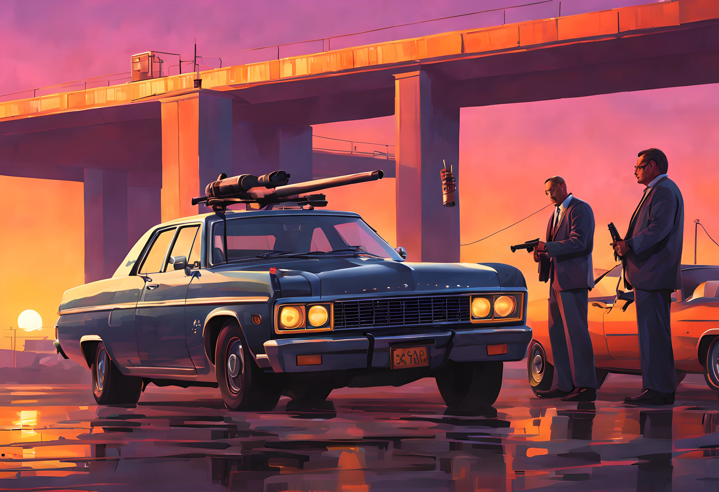 GTA Vice City-Ladebildschirmstil, Gang-Gruppe, Mann mit einer Schrotflinte, Amerikanische Autos in der Nähe, Sonnenuntergang, Arrogante Haltung, schöne Uhr, hochdetailliertes digitales Gemälde, Konzeptkunst, glatt, scharfer Fokus, nffsw, wunderschön fotografiert, symmetric, Illustration, professionelle ominöse Konzeptkunst, by artgerm and greg rutkowski, mit einem komplizierten, elegant, hochdetailliertes digitales Gemälde, Konzeptkunst, glatt, scharfer Fokus, Illustration, Im Stil von Simon Starenhug, Wayne Barlowe, und Igor Kieriluk.