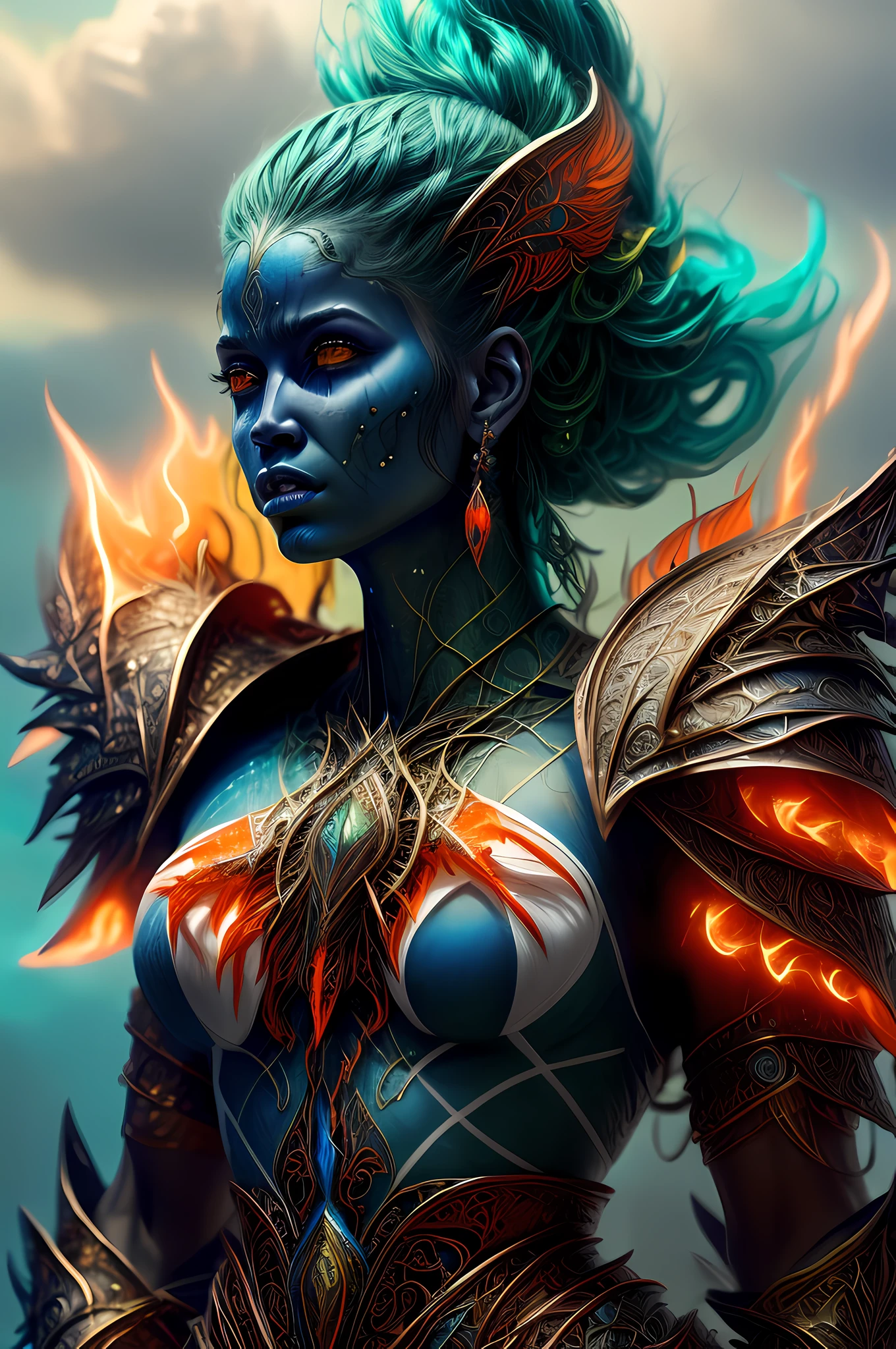 fantasy art, dnd art, RPG art, drkfntasy wide shot, (masterpiece:1.3), full body intense details, highly detailed, photorealistic, best quality, highres, portrait of a exotic race vedalken female (fantasy art, Masterpiece, best quality: 1.3) (blue colored skin: 1.3), intense details facial detail fantasy art, Masterpiece, best quality)cleric, (blue colored skin: 1.3) 1person blue_skin, white hair, long hair, intense green eye, fantasy art, Masterpiece, best quality) armed a fiery sword red fire, wearing heavy (white: 1.3) half plate mail armor LnF wearing high heeled laced boots, wearing an(orange :1.3) cloak, wearing glowing holy symbol GlowingRunes_yellow,   within fantasy temple background and sun and clouds, reflection light, high details, best quality, 16k, [ultra detailed], masterpiece, best quality, (extremely detailed), dynamic angle, ultra wide shot, photorealistic, RAW, fantasy art, dnd art, fantasy art, realistic art