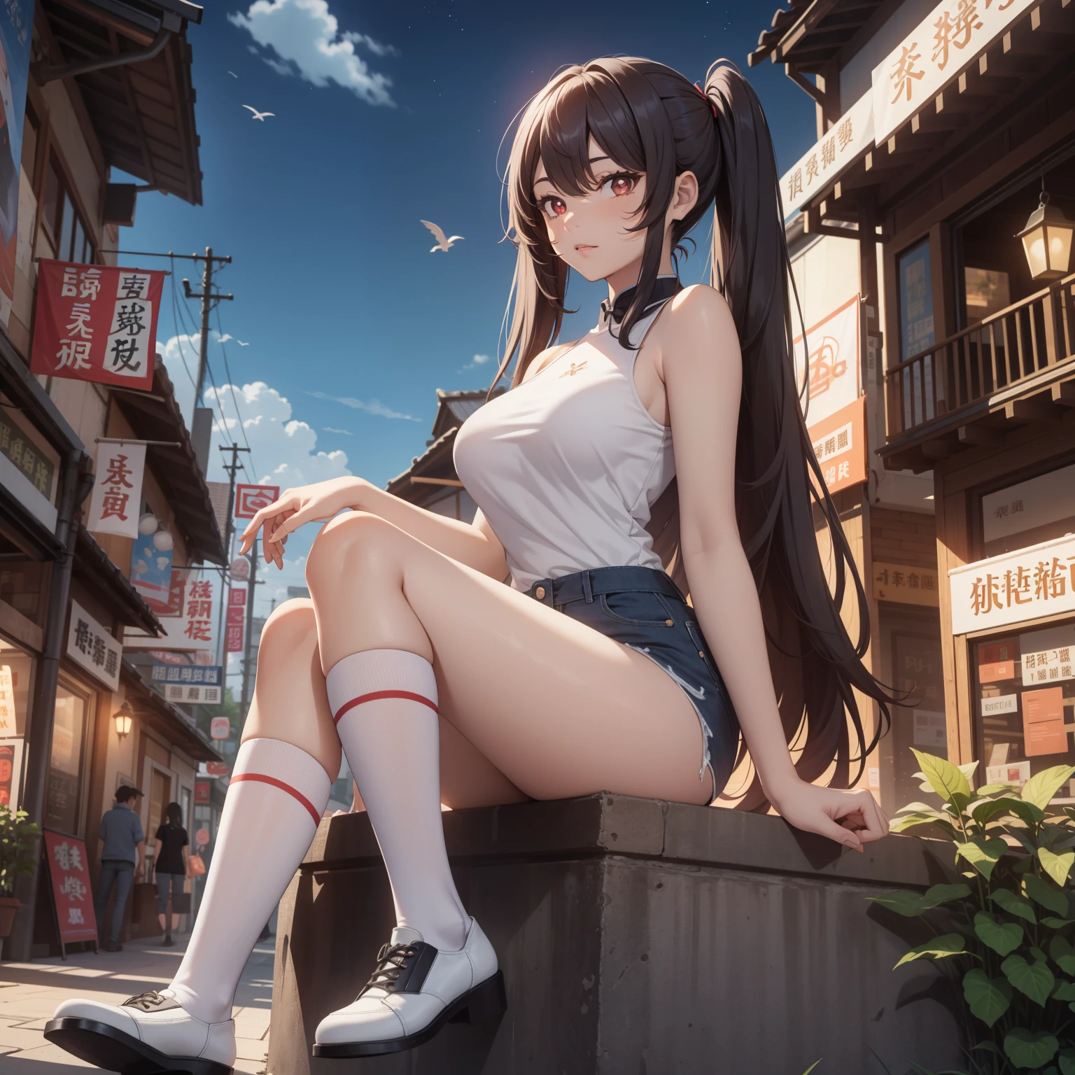hutao_genshin, very long hair, long hair, twintails, brown hair, red eyes, ((cowboy shot)), hair between eyes, sidelocks, symbol-shaped pupils, solo, short shorts, shorts, white tank-top, bare shoulders, :P , socks, kneehighs, white socks, double v, 1girl, blush, looking at viewer, chinese town, town, sky, clouds, night, houses, city, (thighs), (()), ((street)), (white socks), (chinese city background, reliastic background, chinese background), big breasts, sitting