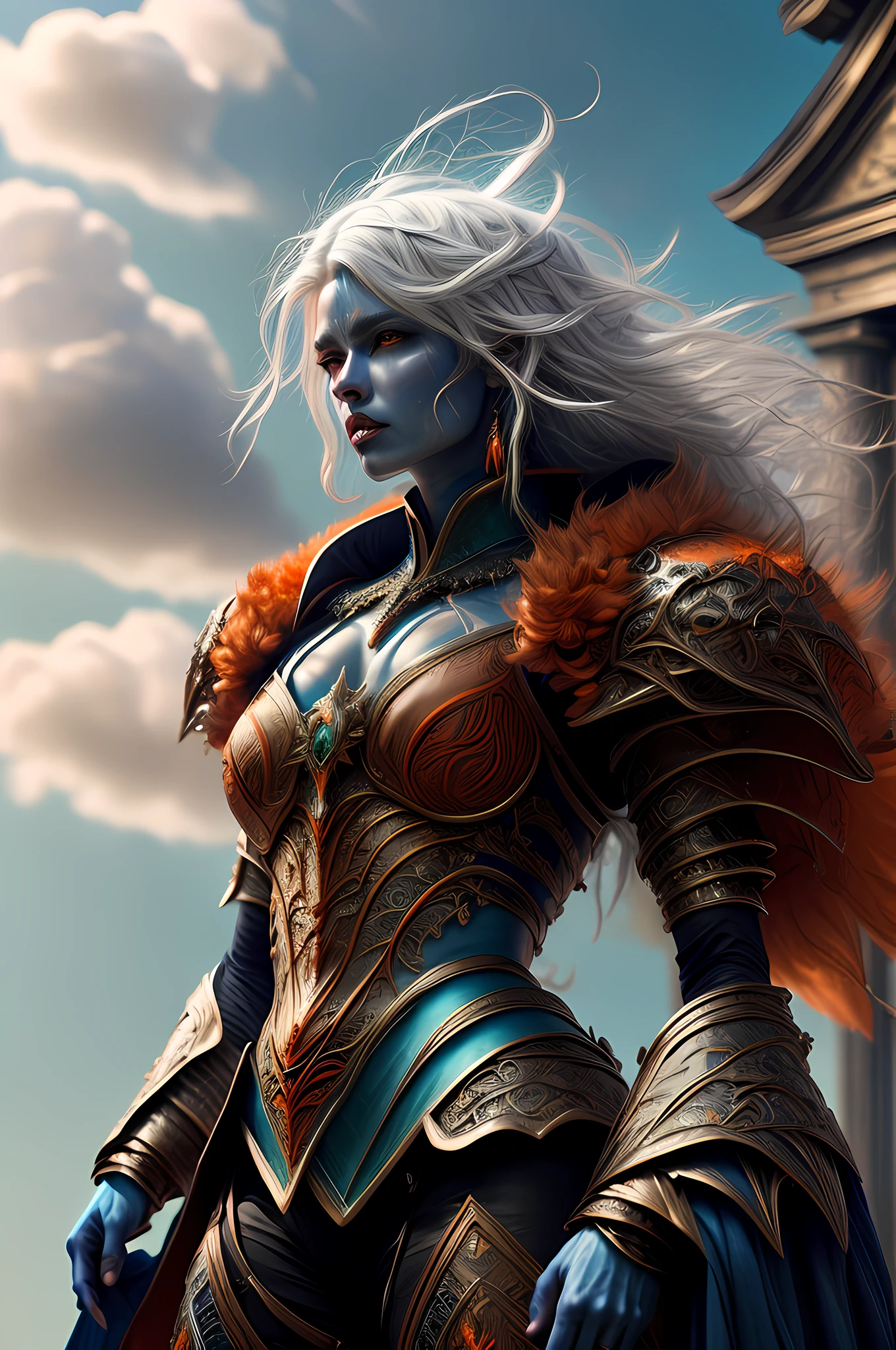 fantasy art, dnd art, RPG art, drkfntasy wide shot, (masterpiece:1.3), full body intense details, highly detailed, photorealistic, best quality, highres, portrait a vedalken female (fantasy art, Masterpiece, best quality: 1.3) (blue colored skin: 1.3), intense details facial detail fantasy art, Masterpiece, best quality)cleric, (blue colored skin: 1.3) 1person blue_skin, (white hair: 1.3), long hair, intense green eye, fantasy art, Masterpiece, best quality) armed a fiery sword red fire, wearing heavy (white: 1.3) half plate mail armor LnF wearing high heeled laced boots, wearing an(orange :1.3) cloak, wearing glowing holy symbol GlowingRunes_yellow,  within fantasy temple background and sun and clouds, reflection light, high details, best quality, 16k, [ultra detailed], masterpiece, best quality, (extremely detailed), dynamic angle, ultra wide shot, photorealistic, RAW, fantasy art, dnd art, fantasy art, realistic art