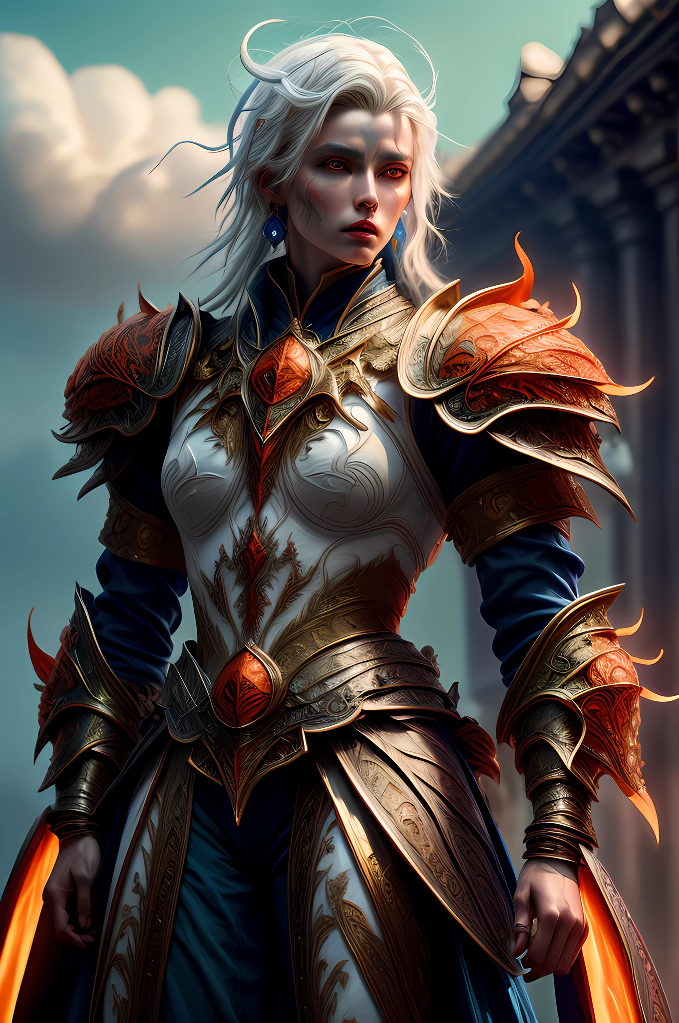 fantasy art, dnd art, RPG art, drkfntasy wide shot, (masterpiece:1.3), full body intense details, highly detailed, photorealistic, best quality, highres, portrait a vedalken female (fantasy art, Masterpiece, best quality: 1.3) (blue colored skin: 1.3), intense details facial detail fantasy art, Masterpiece, best quality)cleric, (blue colored skin: 1.3) 1person blue_skin, (white hair: 1.3), long hair, intense green eye, fantasy art, Masterpiece, best quality) armed a fiery sword red fire, wearing heavy (white: 1.3) half plate mail armor LnF wearing high heeled laced boots, wearing an(orange :1.3) cloak, wearing glowing holy symbol GlowingRunes_yellow,  within fantasy temple background and sun and clouds, reflection light, high details, best quality, 16k, [ultra detailed], masterpiece, best quality, (extremely detailed), dynamic angle, ultra wide shot, photorealistic, RAW, fantasy art, dnd art, fantasy art, realistic art