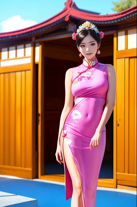 Best Quality, masutepiece, High resolution, 1girl in, Ancient Chinese Pink Dress, Beautiful face, Ancient Chinese Clothes, Bow without original photo, Elegant, noble, diadems, Thin leg, fairy tail, hairaccessories, Solo, Looking at Viewer, Smiling, Shut up...
