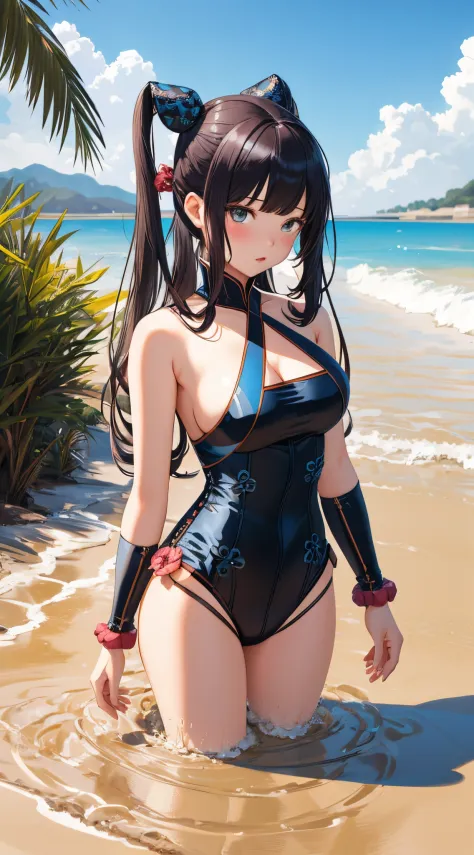 (best quality), 1 girl, ultra-detailed, illustration, yang guifei, (quicksand:1.3), beach, pouting