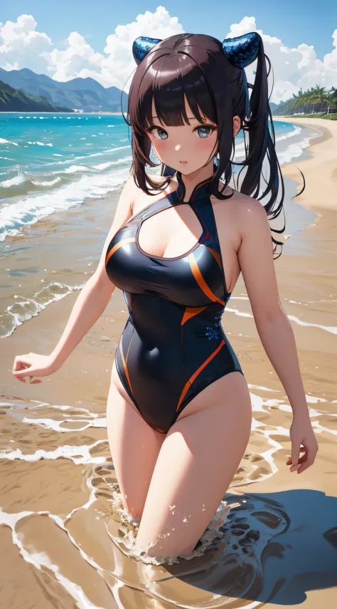 (best quality), 1 girl, ultra-detailed, illustration, yang guifei, (quicksand:1.3), beach, pouting, (swimsuit)