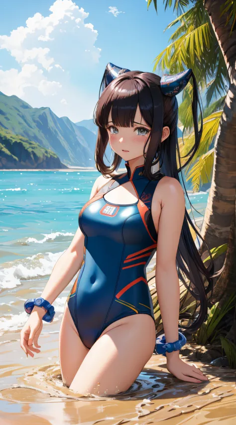 (best quality), 1 girl, ultra-detailed, illustration, yang guifei, (quicksand:1.3), beach, (swimsuit), upset, crying