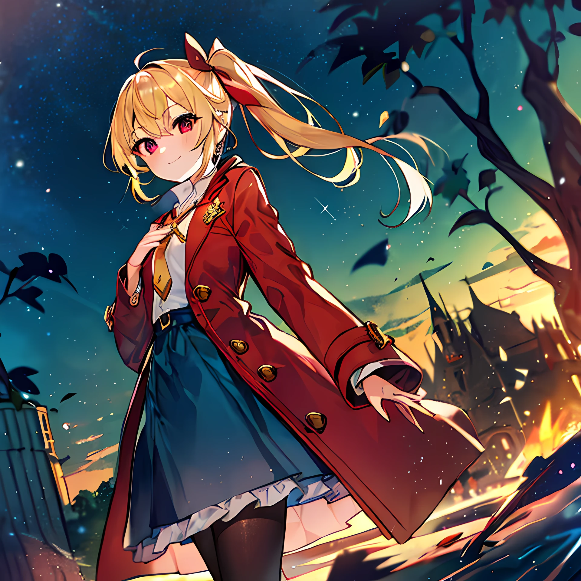 Gold Hair, Blonde hair, Side Ponytail, Pointed ears, Red Eyes, slanted eye, Little Girl, Young Girl, White shirt, Collared shirt, dull red coat, smoky red coat, Red Ribbon Ribbon, Long coat, Oversized coat, dull blue skirt, smoky blue skirt, flered skirt, Black pantyhose, yellow scarf, tie scarf, gem brooch, vine bracelet, tiny chest, flat chest, 1girl in, Solo, Bold smile,