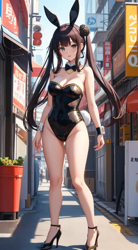 (best quality), 1 girl, ultra-detailed, illustration, yang guifei, city street, (bunny), strapless leotard, detached collar, bunny ears, high heels, standing