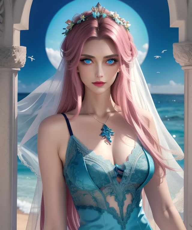 ( Absurd , High quality , ultra detailed, careful with hand )Zodiac - Cancer goddess , similar to latin goodness , Intelligent, crafty, rational, strong-willed face , mature , Tenacious, moody, irritable, oppressive style ,  ocean blue eyes(eyes detail), long hair , dark pink hair , transparent dress , lace lingerie, in the ocean with flowers  , whole body , innocent make up look ,