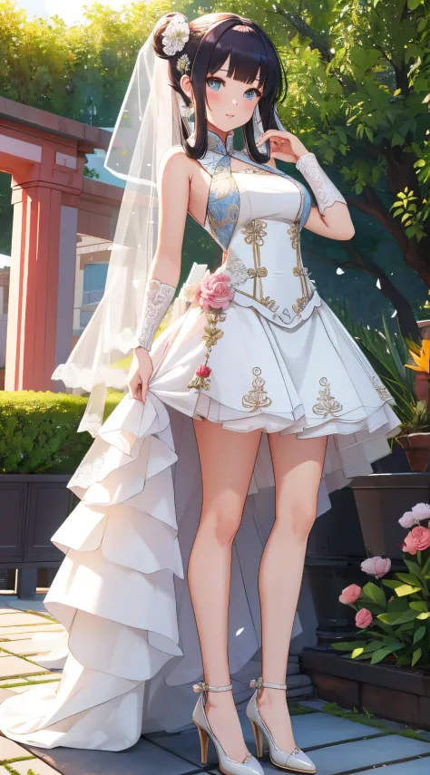 (best quality), 1 girl, ultra-detailed, illustration, yang guifei, garden, (wedding dress:1.2), high heels, standing, (own skirt lift)