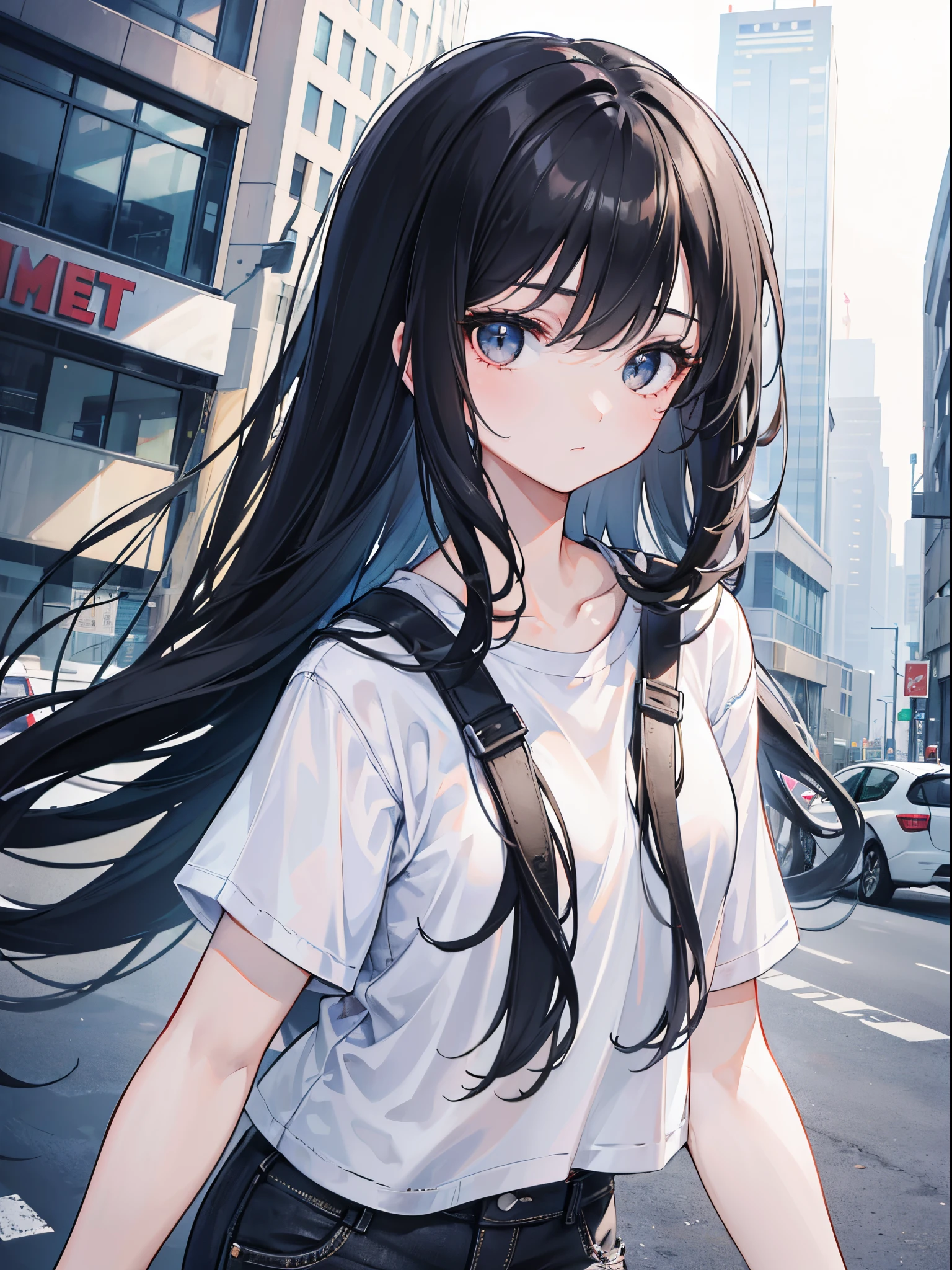 1girl, long black hair, black eyes, wearing plain white shirt, denim shorts, city, absurdres, high res, ultrasharp, 8K, masterpiece, looking at viewer