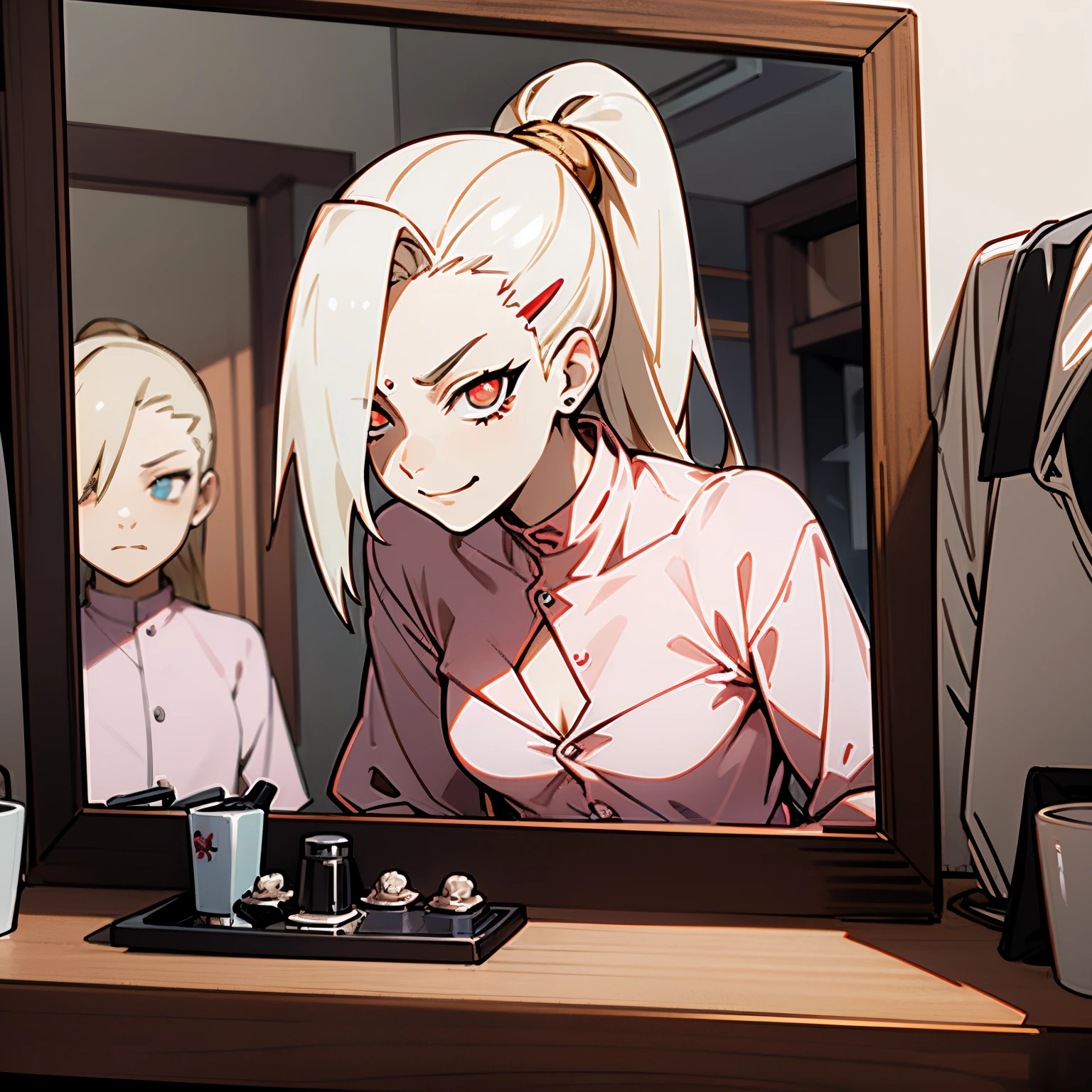 Young Ino Yamanaka possessed by middle aged man, glowing red eyes, evil smirk, lolicon, small breast horrifying dark scene, in a bedroom, looking at self in the mirror pov, wearing pajamas